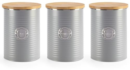 EHC Tea Coffee Sugar Cansiters Set of 3, Airtight Kitchen Storage Canisters Jars with Easy to Open Lid, Grey, 1 Litre