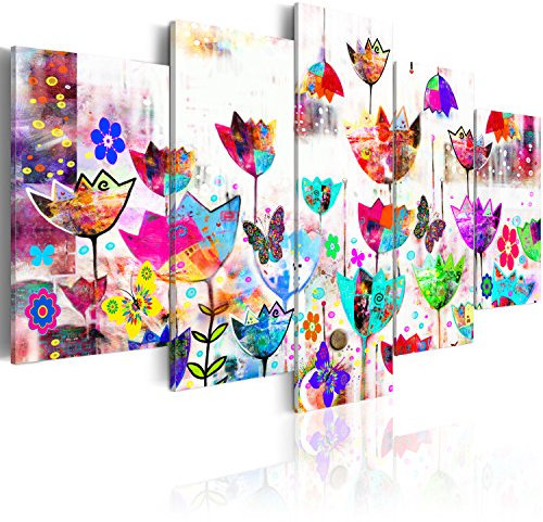 B&D XXL - Tableau décoratif moderne 150x75 cm - Impression sur toile colorée - Décoration murale pour salon et chambre - Pluie fleurs papillons nature plantes tulipes 020101-171
