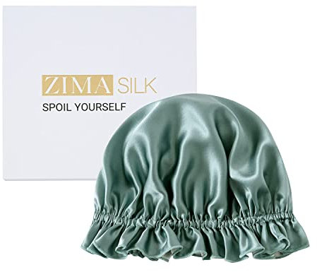 ZIMASILK 100% Mulberry Silk Bonnet for Women's Hair Care, Double Layered Silk Hair Wrap for Sleeping with Elastic Stay On Head (1Pc, Greyish Green+Ivory)