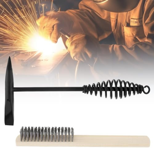 Omninmo Martello per saldatura con manico a molla elicoidale, cono e scalpello verticale, con spazzola metallica da 19,8 cm (300g, Nero, Acciaio)