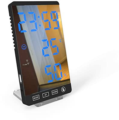 ThreeH Wanduhr 6 Zoll Digitaler Wecker mit Temperatur Luftfeuchtigkeit Helligkeit Einstellbar USB Ladeanschluss Schwarz_Blau