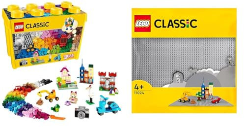 LEGO 10698 Classic Caja de Ladrillos Creativos Grande, 2 Bases Verdes, Animales, Casas y Coches de Juguete & 11024 Classic Base Gris de 32x32 Tacos, Placa Tablero de Construcción y Expansión