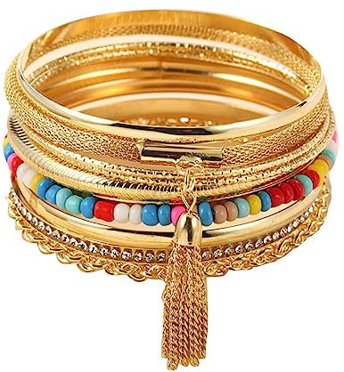 Cubahop Armreif mit mehrlagigen -Quasten, Rocailles-Perlen, goldfarben, glatte Kristalle, klobig, stapelbar, Handschmuck, verstellbar, für Damen und Mädchen