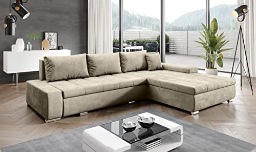 GRAINGOLD Ecksofa mit Schlaffunktion 300 cm Kastalo - Bequemes, Elegantes Schlafsofa mit Kissen, Bettkasten - Wohnzimmer Sofa im modernen Stil - Modern Ecksofa