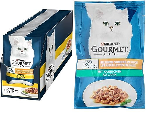 PURINA Gourmet Perle Erlesene Streifen Katzenfutter nass, mit Huhn, 26er Pack (26 x 85g) & PURINA Gourmet Perle Erlesene Streifen Katzenfutter nass, mit Kaninchen, 26er Pack (26 x 85g)