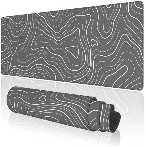 TOXXU Gray Topographic Contour Large Gaming Mouse Pad with Anti-Slip Base for Keyboard, Map Extended XL Mousepad for Office and Room, Cool Desk Mat with Stitched Edges for Desk, 31.5 x 11.8 in
