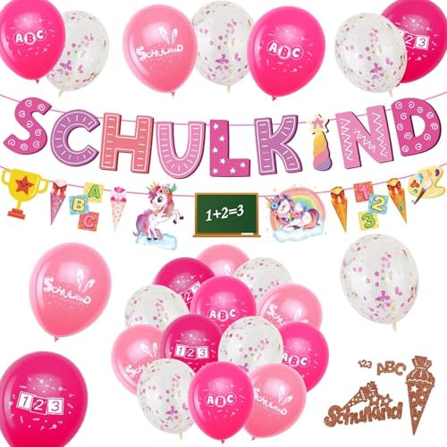 Einschulung Deko Mädchen, Schulkind Mädchen Deko, Schuleinführung Deko, Rosa Einhorn Schulanfang Mädchen Deko Set, SCHULKIND-Banner, Ballons, Buntes Konfetti-Glitzergold für Kinder