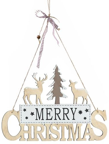Swavitie Hängedeko Weihnachten Türschild Weihnachtsschilder Holz mit Elch Weihnachtsbaum und Schriftzug Merry Christmas Sign Türhänger Weihnachten Holz Christbaumschmuck für Tür Fenster Wand Bäume