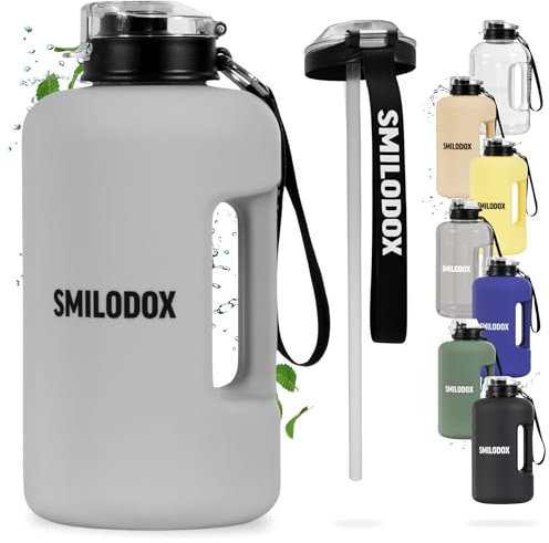 SMILODOX Trinkflasche 2,2 Liter - Extra Stark große Wasserflasche - BPA-frei, Sportflasche + Strohhalm (2 Deckel) Ideal für Fitnessstudio, Bodybuilding, Outdoor-sport, Wandern & Büro