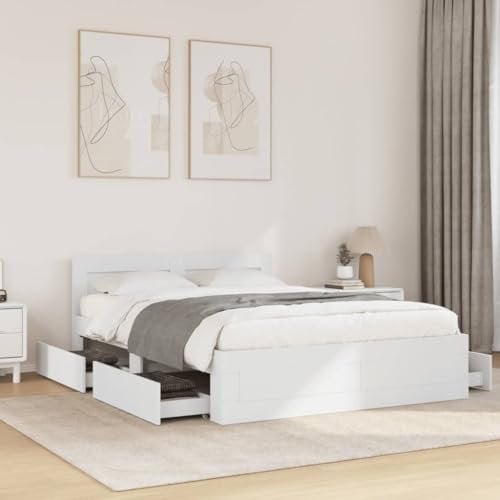 vidaXL Bed Frame with Headboard - White Engineered Wood 140x200 cm Double Bed with Storage Drawers and Slatted Base - Modern Bedroom Furniture