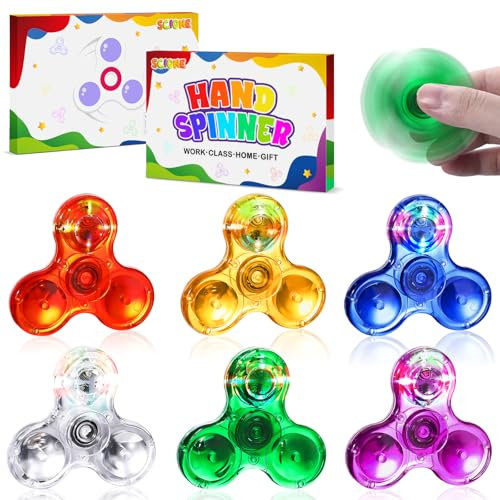 SCIONE 6 Stück Kristall LED Licht Fidget Spinner für Kinder,Mini LED Light up Fidget Spielzeug für Kleinkinder Glow in The Dark Party Supplies Stressabbau für Kinder und Erwachsene