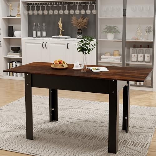 YU YUSING Table Salle à Manger Extensible Rectangle 105-150cm, Table de Cuisine en Bois pour 4-6 Personnes, avec Rallonge, Cadre Métallique Robuste, pour Salon, Bureau, Petit Espace, Marron