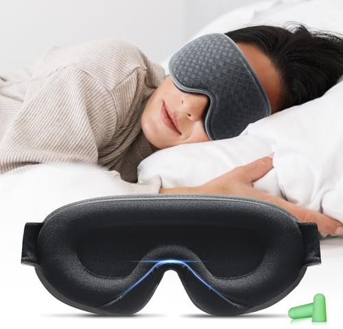 Aosun Schlafmaske für Frauen und Herren, 2024 Upgrade Speziell für Seitenschläfer Optimiertes und Verbessertes Gummiband, 3D Schlafbrille, 100% lichtblockierende Augenmaske mit Ohrstöpseln, Grau
