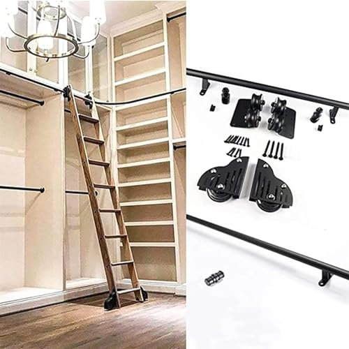 Rollbares Leiterschienenset für Bibliotheken, Schiebebeschlagset (ohne Leiter), schwarzes rundes Rohr, mobiles Leitergeländer, Garagenschrank, Schienensystem aus Kohlenstoffstahl, Wandmontag