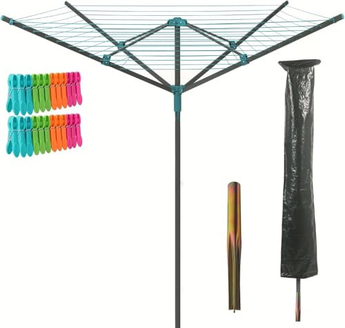 50m Heavy Duty Rotary Washing Line for Outdoor Laundry Drying – 4 Arm Clothes Airer with Free Ground Spike, 24 Pegs & Protective Cover – Ideal for Garden Use