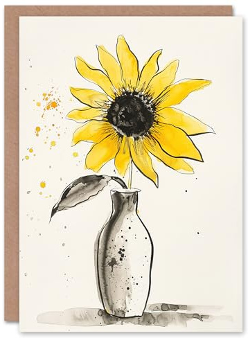 Artery8 Greeting Card Single Sunflower in Vase Yellow Grey Watercolour Blank For Him Or Her Art Birthday Card