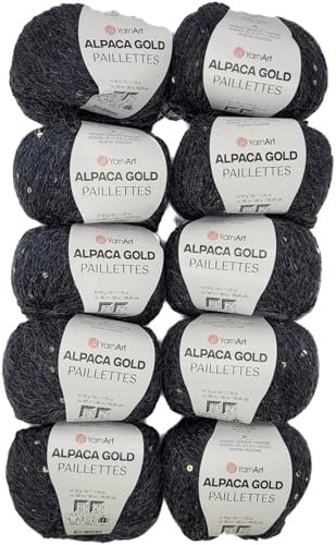 10 x 50g Alpaca Gold Paillettes Strickwolle einfarbig mit Pailletten, 500 Gramm Paillettengarn, Paillettenwolle 20% Alpaka-Anteil, Effektgarn, Strickgarn (anthrazit 9314)