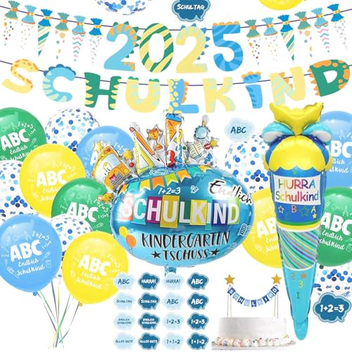 Einschulung Deko Junge - Schulkind Girlande, 2025 Einschulung Junge Zuckertüten Banner, Hurra Schulkind Zuckertüte Folienballon, Luftballon, Torten Fähnchen, Konfetti Schulanfang Schuleinführung Deko