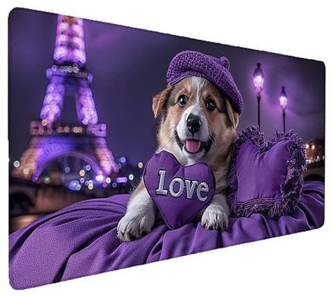 Tapis de Souris Violet, Corgi Tapis de Souris Gamer XXL 600x300x3mm Étanche Antidérapante Mouse Pad avec Coutures sur Les Bords - sous Main Bureau - Accessoire Bureau, pour Gamer, PC, Portable S-492