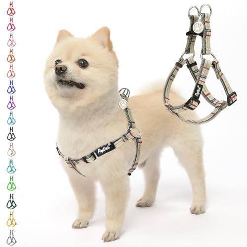 PUPTECK Hundegeschirr ohne Zug, weich, verstellbar, Basic-Nylon, zum Hineinsteigen, Welpenweste, Spaziergänge im Freien, mit ID-Tag, kariert, Beige, Größe S