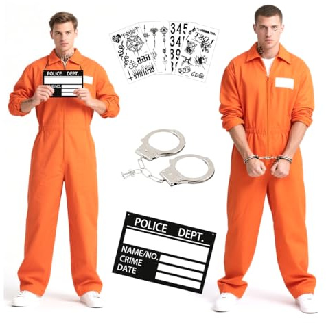 Men's Convict Costume, Prisoner Prisoner Costume, Orange, Prisoner Jumpsuit Costume Women with Name Plate, Handcuffs, Prisoner Prison Jumpsuit for Adults, Halloween, Carnival, Cosplay