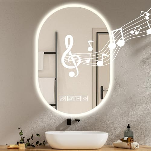 Dibaful 500mm 750mm Oval Badspiegel mit Beleuchtung und Musik Bluetooth 3 Lichtfarbe Dimmbar | Badezimmerspiegel Antibeschlag Wandspiegel Spiegel Bad mit Licht für Badezimmer Hotel