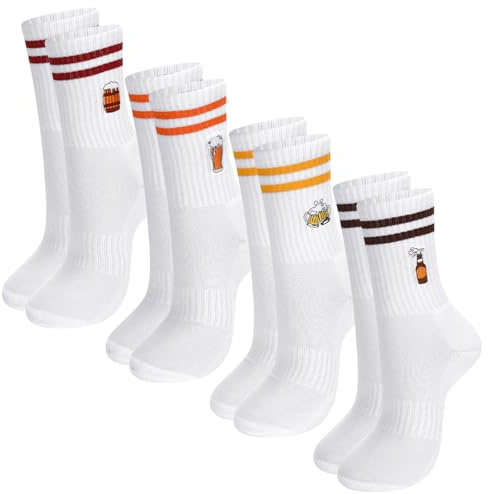 Geyoga 4 Paar Biersocken Männer 43-46 & Witzige Socken mit Motiv | Bier Geschenk - Socken Herren Lustig Bier mit Bestickt Tennissocken Weiß Sportsocken für Geburtstag Vatertag Weihnachten