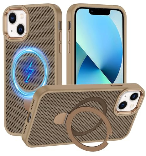 XTCASE Hülle für iPhone 13 Magnetisch Kompatibel mit MagSafe Carbon Fiber Textur Handyhülle mit Halter Ständer Hard PC Kohlefaser Schutzhülle Kratzfeste + TPU Bumper Stoßfest, Gold