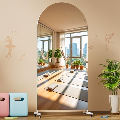 Hasipu Ganzkörperspiegel 190 x 80 cm, 360° Drehbar Standspiegel mit Rollen, Gehärtetes Glas, Gewölbter Home Gym Spiegel Tanzspiegel für Schlafzimmer Fitnessraum Yoga
