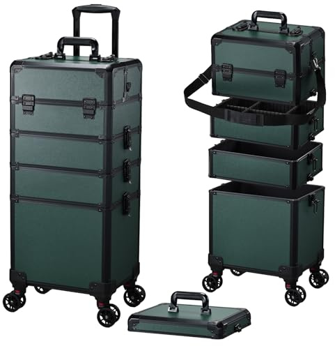 Kosmetikkoffer Alu Beauty Case 5 in 1 Kosmetik Trolley Rollkoffer Make up Koffer Groß Schminkkoffer Nagelkkoffer Abschließbare Beauty Case Friseur Box,Dunkelgrün