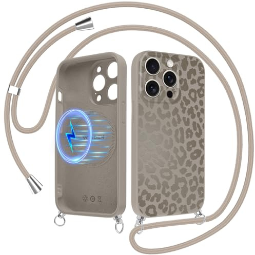Xylota Magnetische Handyband Handyhülle für iPhone 16 Pro Hülle mit Band, Kompatibel mit MagSafe, Leopard Muster Aesthetic Case mit Kordel, Flüssigem Silikon Weich TPU Stoßfeste Schutzhülle 6,3,Braun