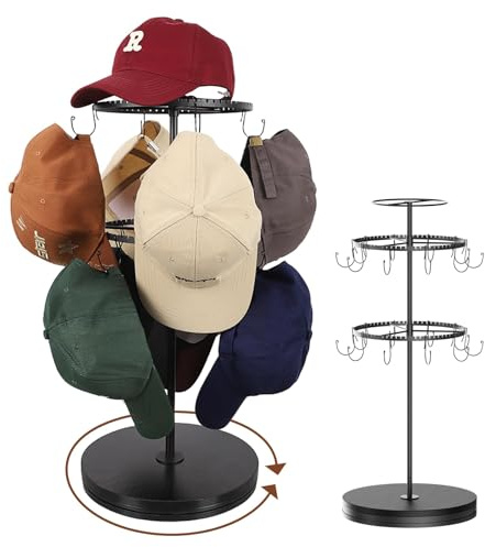 VINCOURNA Drehbarer Cap Halter für Tische mit 20 Cap Aufbewahrung Huthaken | 3-Stufiger Mützen Aufbewahrung Kappenhalter für bis zu 40 Hüte, Stackable Mützenhalter Ständer für Baseballkappen (Schwarz)