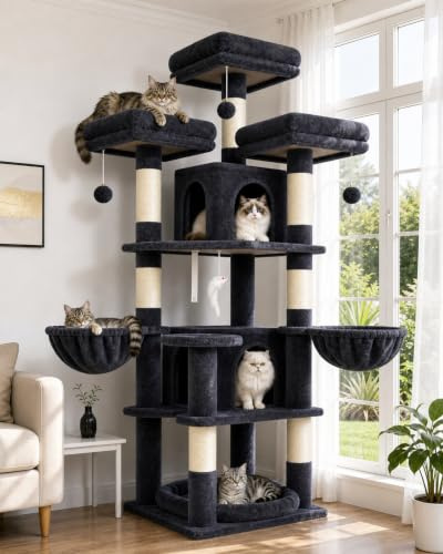Globlazer F68B Kratzbaum mit 3 Sitzstange 2 Höhle Katzenbett für 2/3 Katzen | Stabil Katzenbaum Schloss Leichter Aufbau mit Loungebereich Kratzfläche, Aktivitätskratzbäume für Katzen Ruhen Krallenwetzen