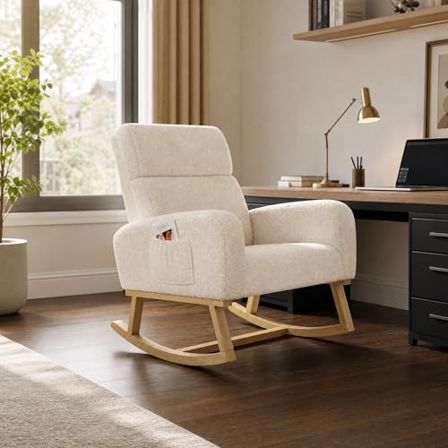 HYNHXBP Fauteuil à Bascule, Fauteuil à Bascule avec Poches latérales, Pieds en Bois Massif, Fauteuil de Salon, Convient pour Le Salon et la Chambre (Beige-B)