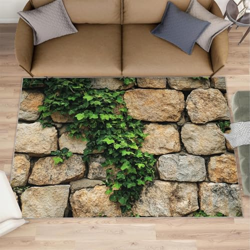 Steinwandteppiche Wohnzimmer - 140 x 200 cm Efeu Teppich Kurzflor Teppiche Naturstein Stapel Anti-Rutsch-Teppiche Pflegeleicht für Jungen Schlafzimmer Esszimmer