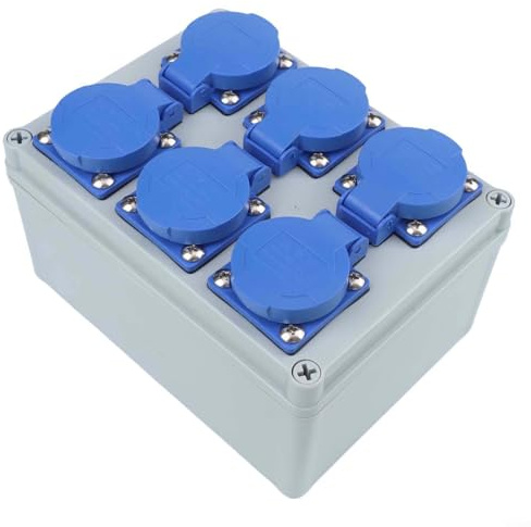 Wall Mount Power Distributor Box for 6 x 230V IP44 Waterproof Sockets Flame-Retardant ABS Enclosure for Indoor Outdoor Use in Workshops Construction Sites and Gardens
