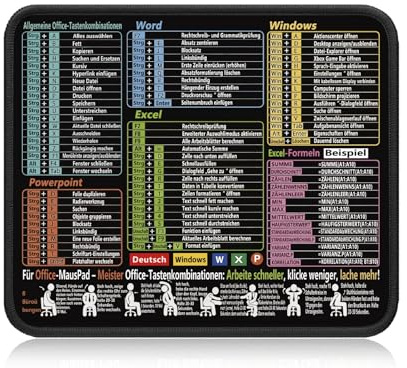 Excel Mouspad Deutsch 30x25cm – Office Shortcuts Unterlage für Word, PPT, Windows – Anti Rutsch Schreibtischunterlage von Satiskid für Büro und Zuhause (schwarz-2.5cm)