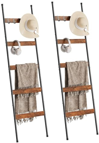 5 Tier Towel Ladder with Wood Grain Accents, Metal Leaning Towel Rack