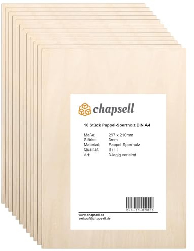 chapsell Sperrholzplatten A4 (10 Stück) – 297x210x3mm Pappelsperrholz – Qualität II/III, glatt geschliffen & formstabil – Holzplatten für Basteln, Lasercut, Gravur, Modellbau, Möbelbau, DIY & Handwerk