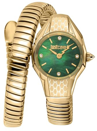 Just Cavalli Signature Snake Vivace - Damen-Armbanduhr Quarz Mode Armband und Edelstahlgehäuse Farbe Gold Analoges Zifferblatt Grün - JC1L375M0035