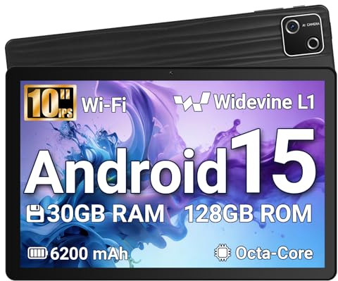Wqplo Tablette 10 Pouces Android 15 certifiée GMS, 30Go RAM + 128Go ROM (2To TF), Octa-Core, 6200mAh, HD 1280x800, WiFi 6, BT 5.3, Widevine L1, 5MP+8MP, Tablet PC, Noir – 2026