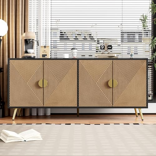 Raeln Sideboard 160 cm Schwarz Holz Kommode 4 Türen Soft-Close Anrichte Buffetschrank Wohnzimmerschrank Goldene Griffe Hochglanz Beine Stauraum für Wohnzimmer Esszimmer