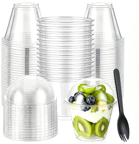 Flying Pottery Juego de 50 Vasos de Postre, Tazas Postre Plástico con Tapas y Cucharas, Vasitos para Postres Reutilizables Transparentes para Mousse, Pudín, Tiramisu y Aperitivos (270ml)