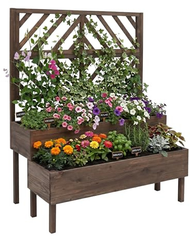 Relaxdays Blumenkasten mit Spalier, HBT: 135x109x62 cm, Holz, Dunkelbraun | 2 Pflanzkübel & Sichtschutz, Garten Hochbeet
