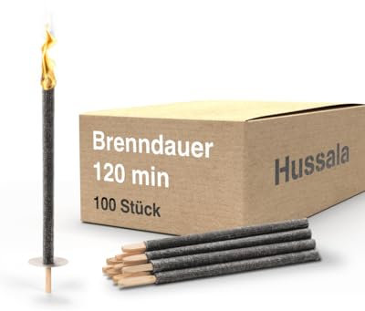 Hussala Diamond Wachsfackeln [100 Stück / 120 min] mit Holzstab und Tropschutz, Garten Fackeln aus Diamond-Wachs