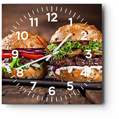 ARTTOR Moderne Wanduhr 40x40cm Quadrat Glasuhr Küche - 2869 | amerikanisch Hamburger Essen Glas Analog Wanduhr Lautlos Wanddekoration Wohnzimmer Küche Wanddeko Küchenuhr ARTTOR