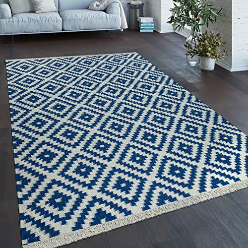 Paco Home Teppich Modern Marokkanische Muster Handgewebt Skandi Rauten Fransen Blau Weiß, Grösse:200x300 cm