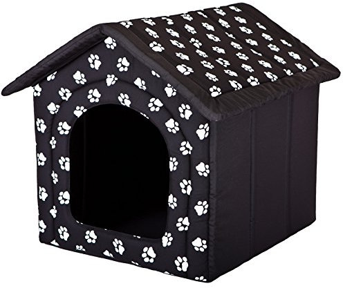 millybo Hundehöhle Hundebett Hundehaus Hundehütte R1-R6 (R6 (76 x 72 cm), schwarz mit Muster (Pfötchen))