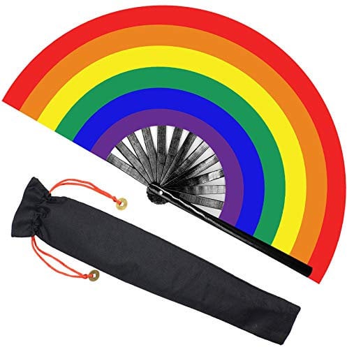 Zolee Large Rave Folding Hand Fan with Bamboo Ribs for Men/Women - Chinese Japanese Handheld Fan with Fabric Case - for Dance Music Festival Party, Performance, Decorations, Gift (Rainbow)