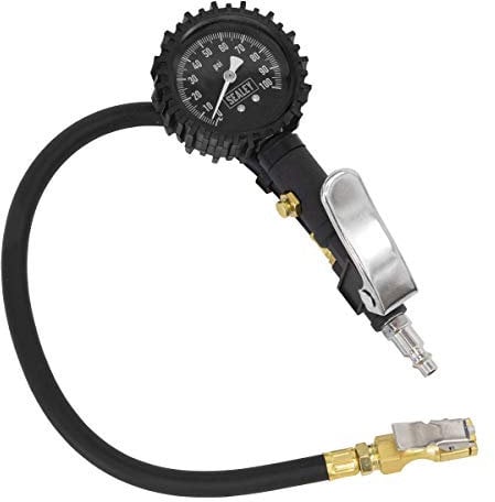Sealey Compact Tyre Inflator with Pressure Guage and Clip-On Connector, 1/4” Inlet, Dial Type Gauge, Bar/Psi – SA399